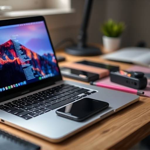 Mesa de trabalho com laptop, smartphone e outros gadgets tecnológicos